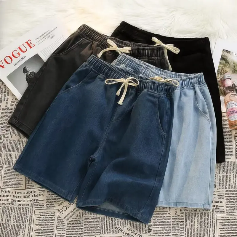 Versátil azul cintura alta cordão denim shorts das mulheres dos homens unisex verão solto casual cintura elástica shorts de perna larga