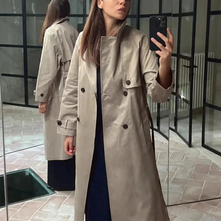 

Faionable Long Sve Double Breasted Casual Coat with Belt Autumn Winter New Arrival Women's Windbreaker 8372287