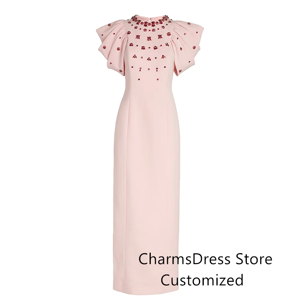 Elegant Crystal Prom Dress Cocktail Party Gown Customized Round Neck Short Sleeves Straight Saudi Arabian Prom Dresses