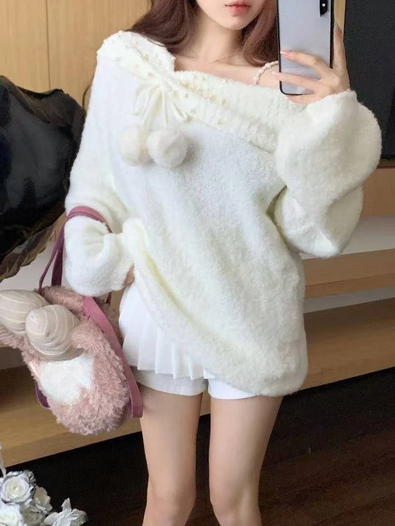 Y2K корейский вязаный пуловер с тонким бантом, женский милый кружевной японский свободный свитер, офисный женский осенне-зимний оверсайз, наряды Y2k