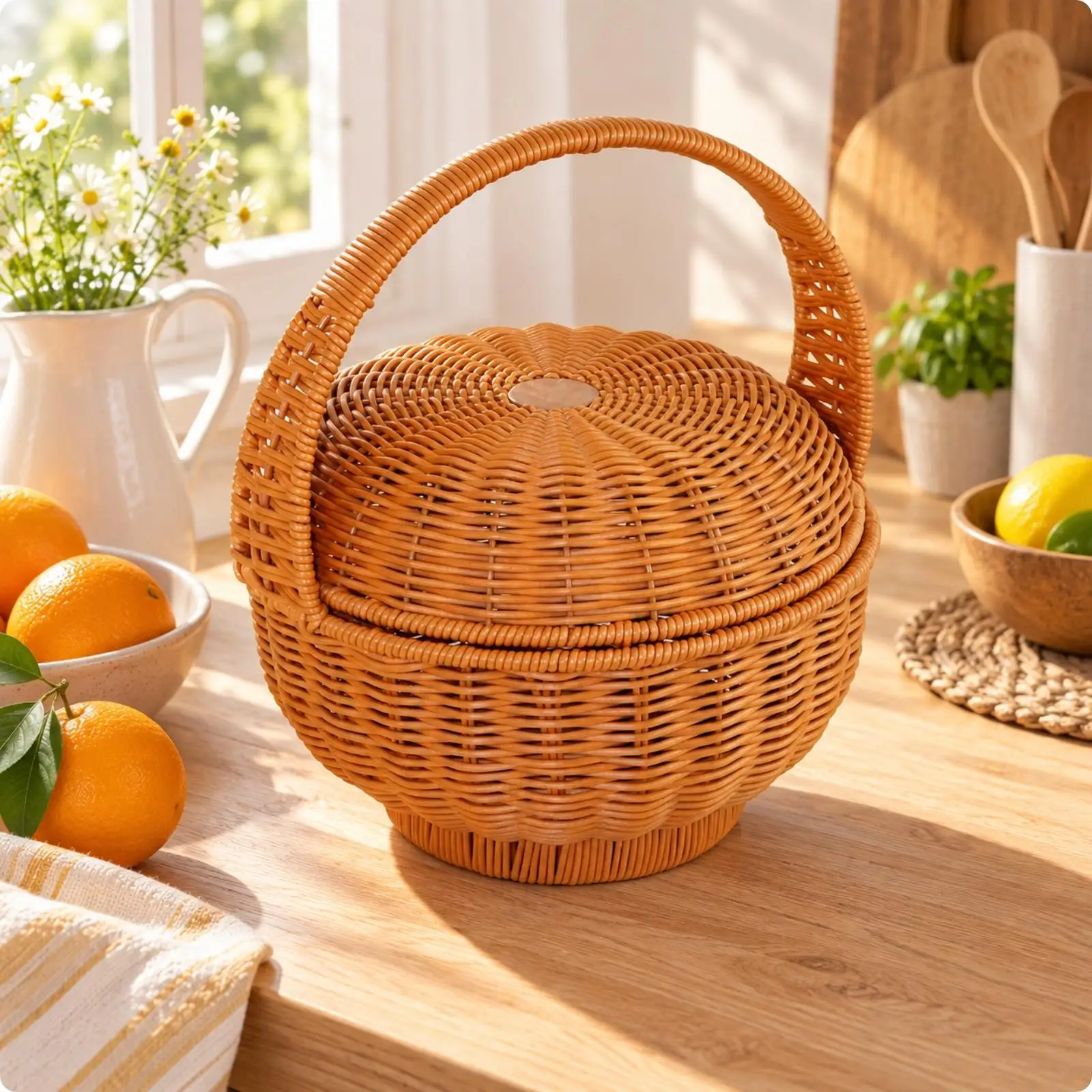 Handled Woven Basket for Kitchen Countertop Entryway Decor with Secure Lid for Small Items and Essentials