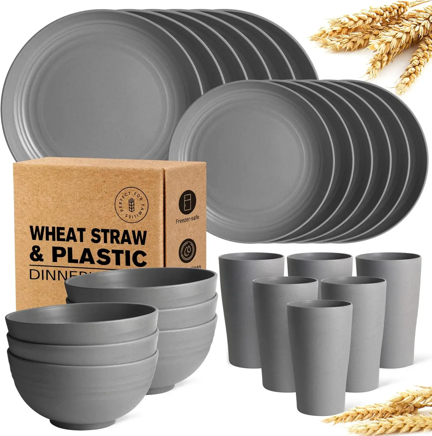 

24-Piece Kitchen Plastic Wheat Straw Dinnerware Set, Service for 6, Dinner Plates, Dessert Plate, Cereal Bowls, Cups, Unb