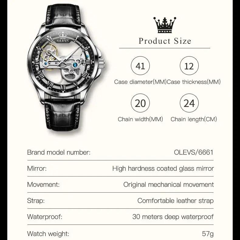 OLEVS 6661 Luxury Men\'s Automatic Mechanical Watch Classic Business Sports Skeleton Waterproof Watch Leather Strap Reloj Hombre