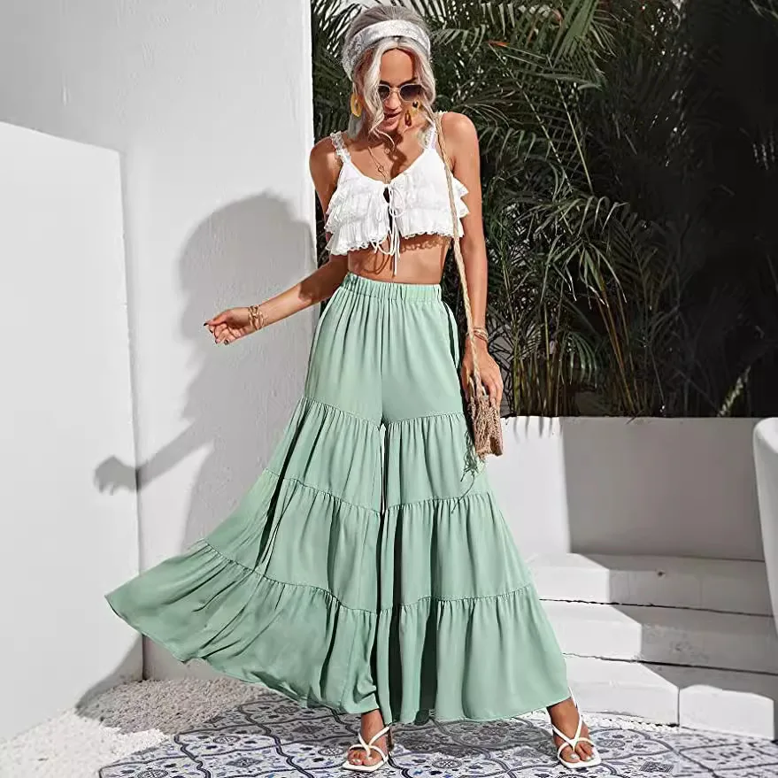 Pantalones sueltos de pierna ancha de cintura alta, pantalones casuales explosivos para mujer, pantalones largos de fibra de poliéster, temporada de primavera Faion