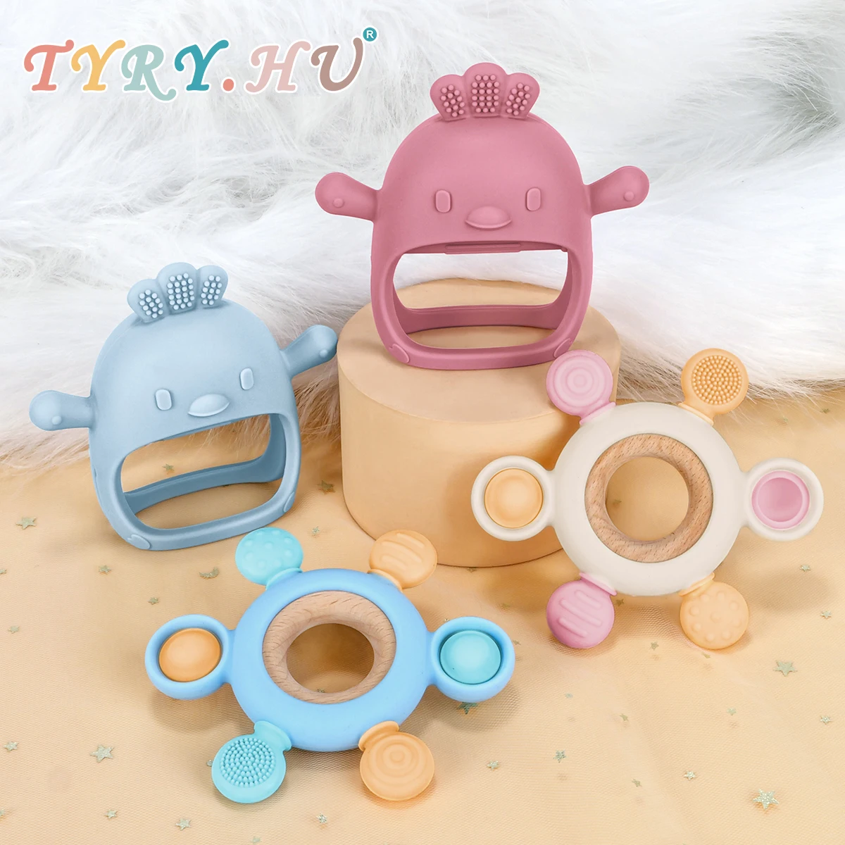 

2Pcs Chicken Baby Teether Gloves& Infant Rudder Teether With Wooden Ring Baby Accessories For Boys and Girls Toddlers Newborn