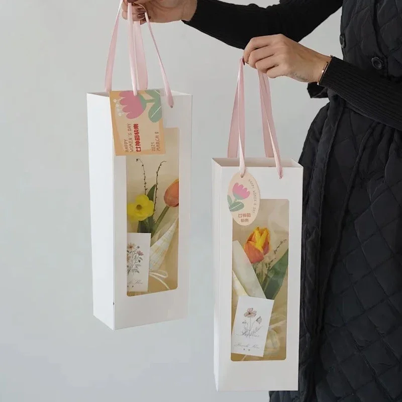 

10pcs Paper Transparent Flower Packaging Bags White/Pink, Single Rose Bouquet Window Box for Mothers Day Valentines Day Weddings