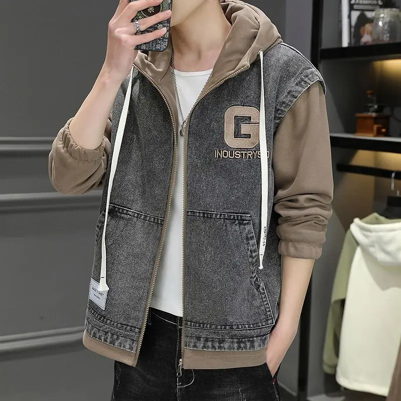 

Denim Coats Men Spring Autumn Patchwork Denim Jacket Letter Embroidery Hooded Cargo Jacket Vintage Outerwear Baseball Jersey New