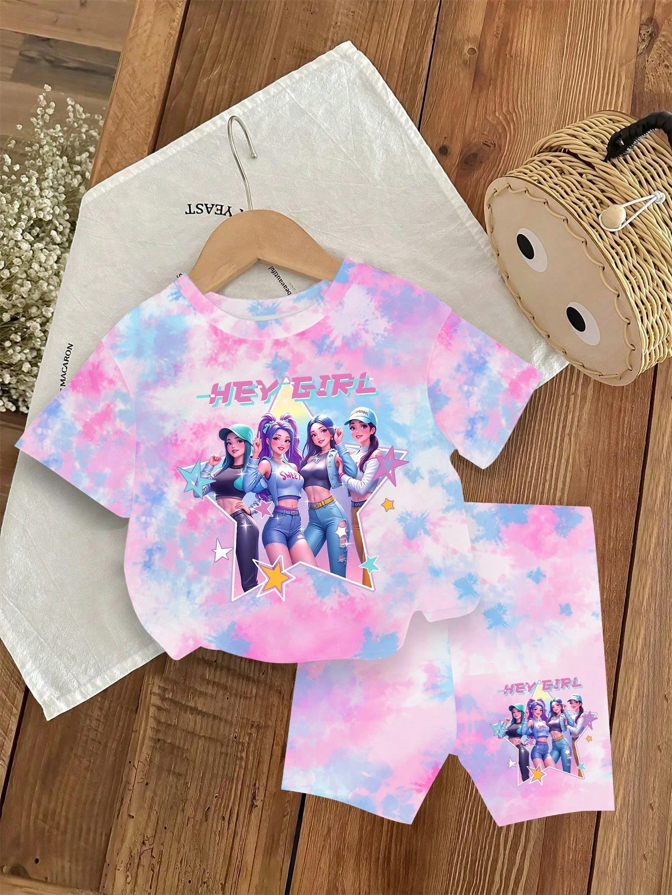 Girls 2Pcs Outfit, Pink Blue Tie Dye 