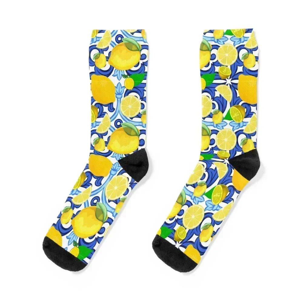 

Lemon On Top Of Blue And White Tile Italian Style Socks christmas gifts Lots gift Man Socks Women's