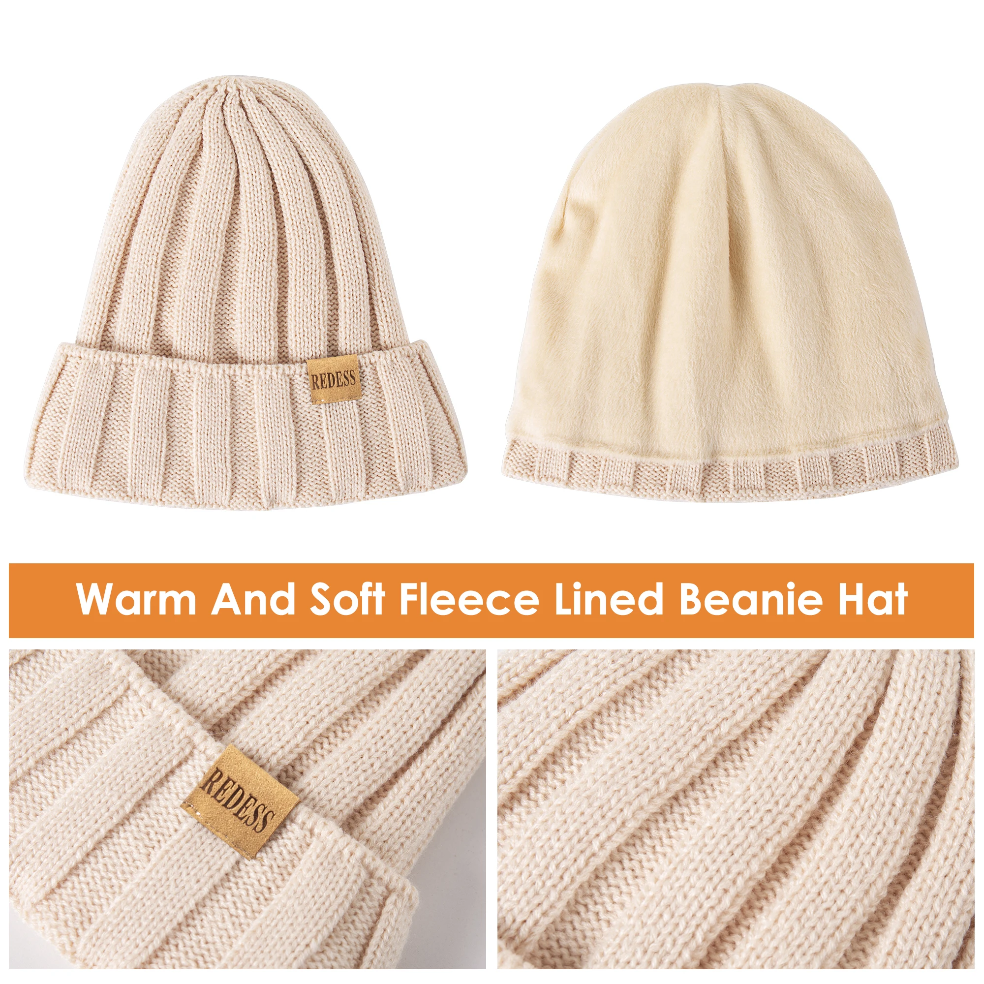 Winter Beanie Hat Scarf Gloves, Warm Fleece Knit Hat Long Scarf Neck Warmer Touch Screen Winter Gloves Set Gifts for Women