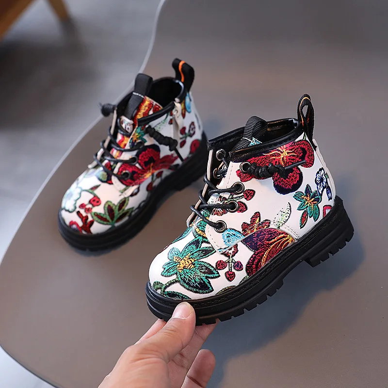 Botines Kids Boot Baby Fashion Embroidered Flowers Leather Shoe Kid Boys Casual Anti-slip Boots Spring Autumn Toddler Girl Shoes