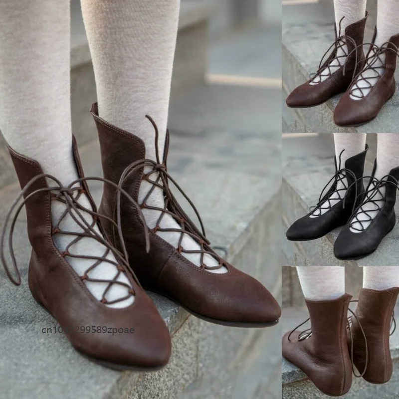 Medieval Steampunk Retro Unisex Pirate Shoes Openwork Bow Pu Leather Boots Cross Lace Elf Hunter Queen Halloween Cosplay Boot
