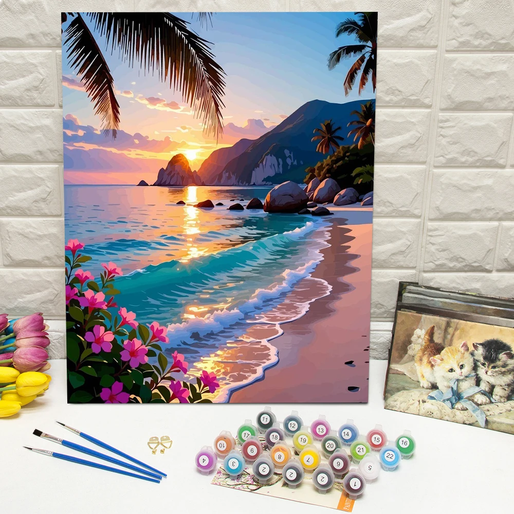 DIY Digitales Ölgemälde Meereslandschaft Malen nach Zahlen auf Leinwand Strandlandschaft Zeichnen nach Zahlen Blumen Heimdekoration