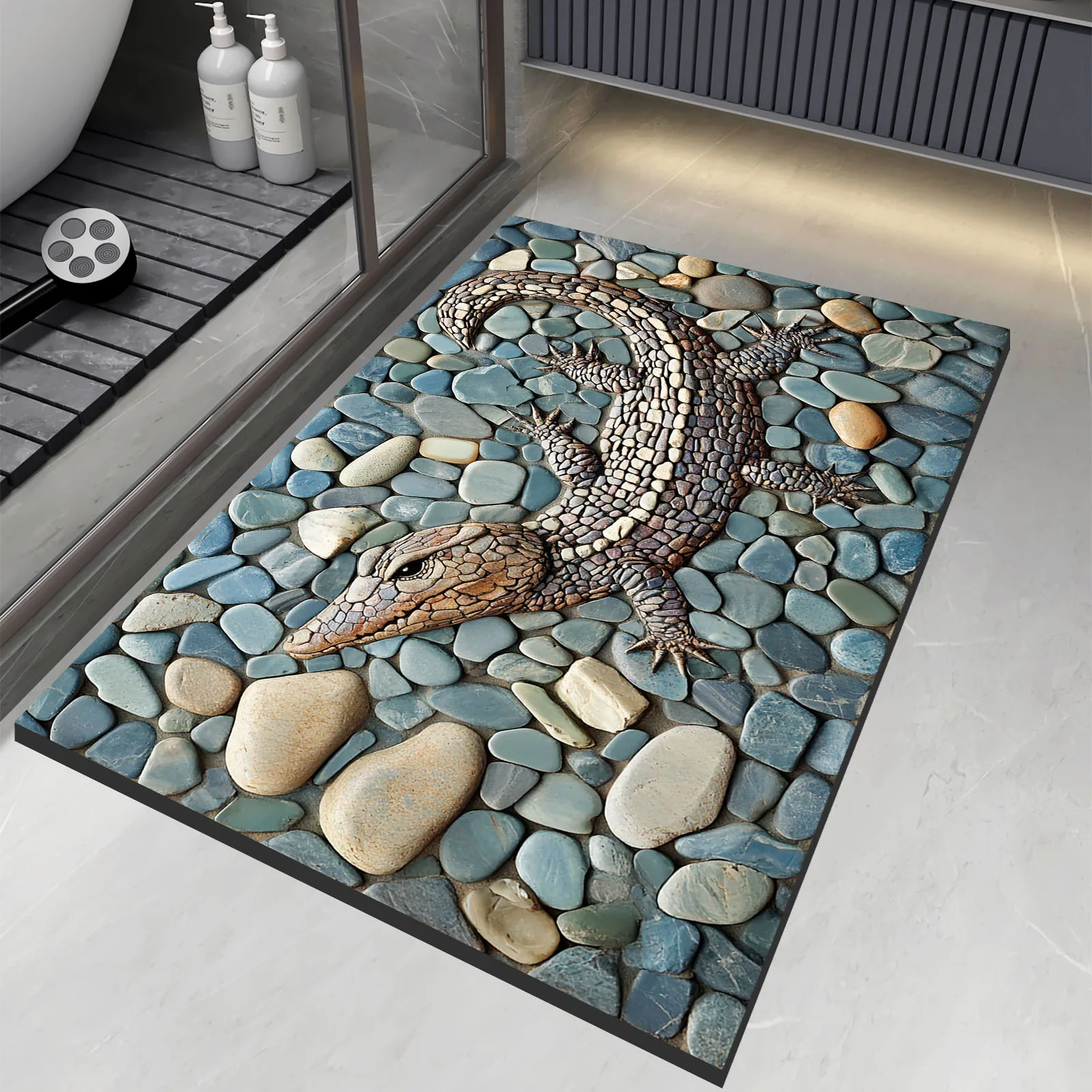 Stone Lizard Printed Diatomite Bath Mat Bathroom Carpet Anti Slip Shower Rug Foot Mat Absorbent Quick Dry Toilet Pad Washable
