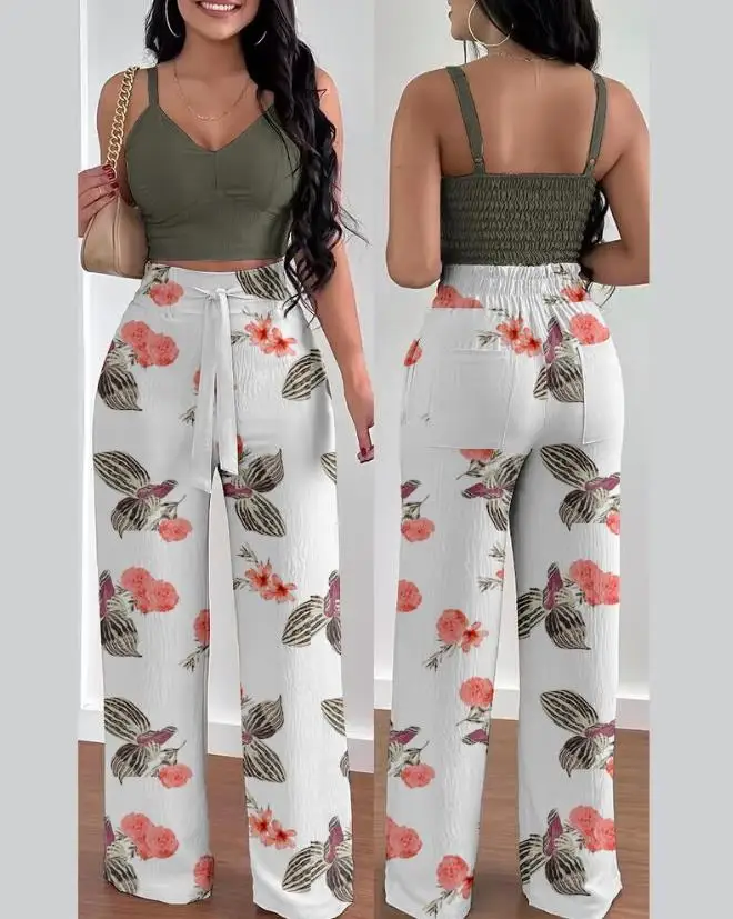 Two Peice Set Women Sets Elegant Tropical Print Shirred Crop Top High Waist Pants Set 2022 Summer Vacation Casual New Fashion