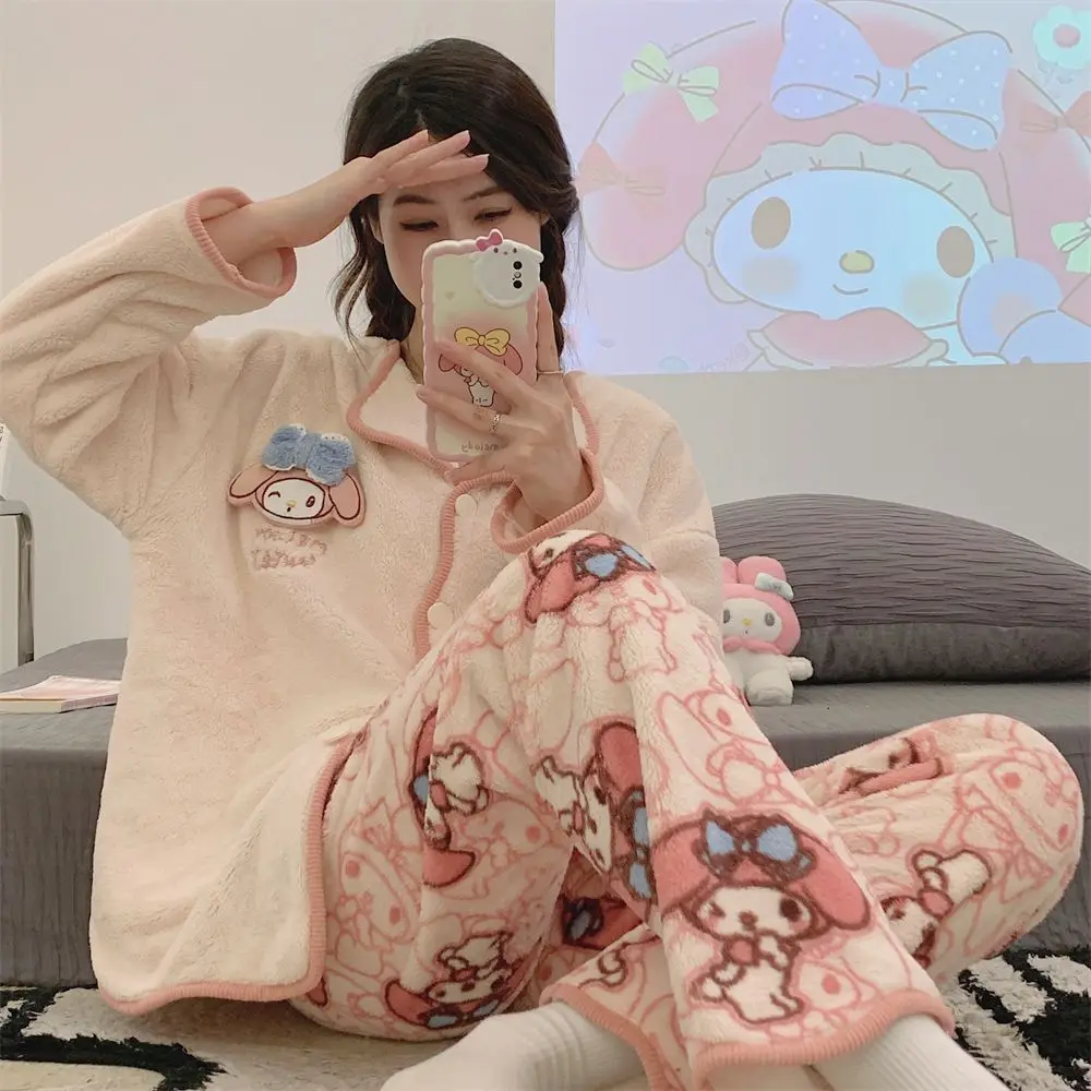 Anime Sanrios My Melody Woman Pajamas Flannel Kawaii Cinnamoroll Kuromi Fall Winter Cute Cartoon Home Clothes Set Woman Clothes