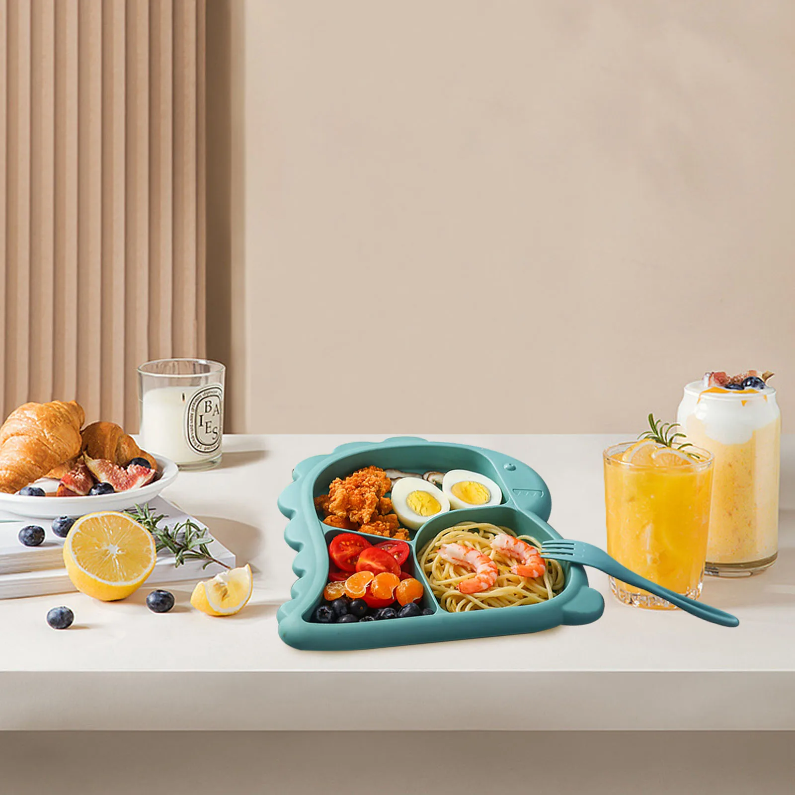 

1 set 1 Set Children Dining Set Toddler Food Bowl Kids Tableware Dinosaur Divided Plate Plastic Lake Blue Bowl Plate Cutlery