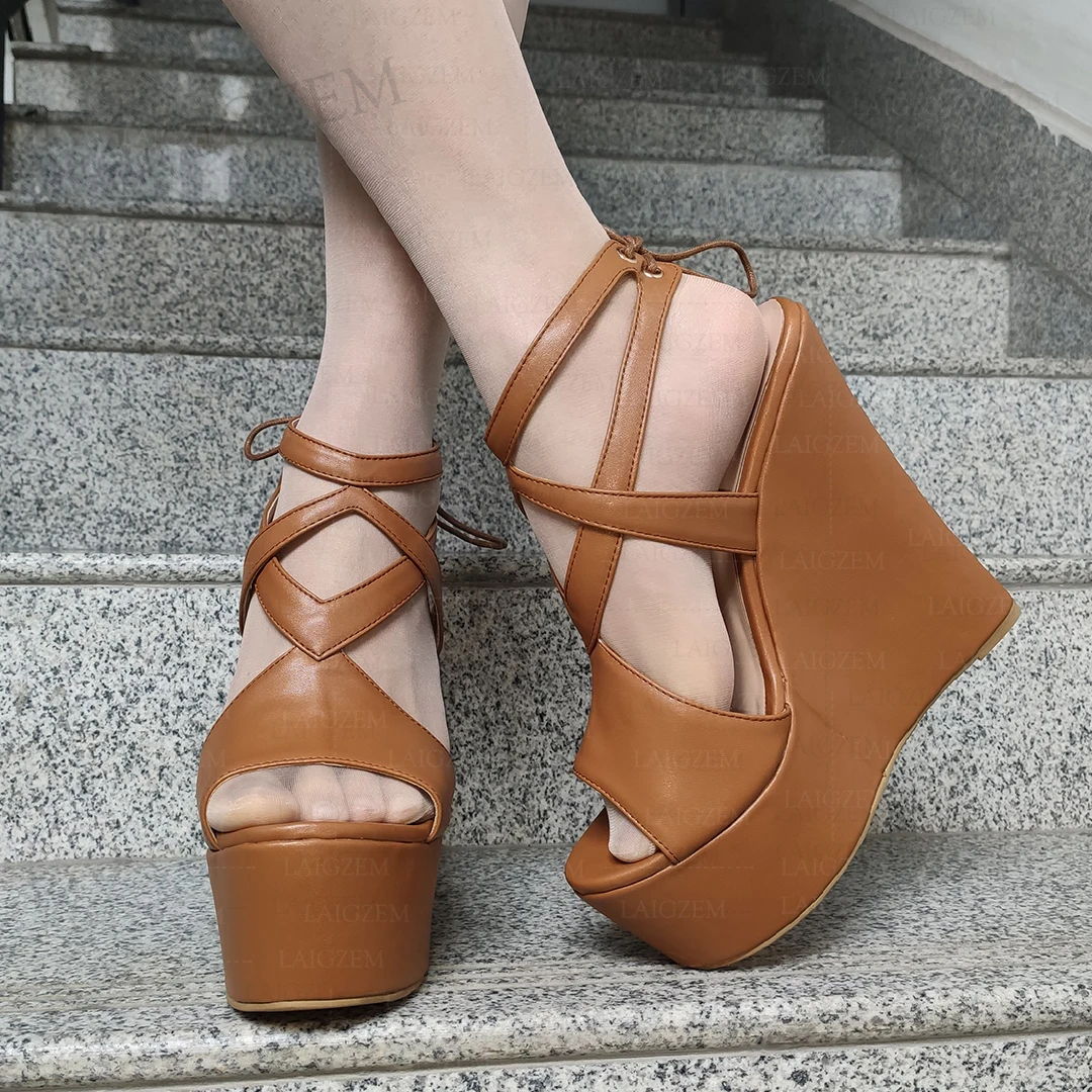 

LAIGZEM Женские сандалии на платформе, на танкетке, с ремешком на щиколотке, с открытым носком, туфли-лодочки из искусственной кожи, женская обувь на шнуровке, большой размер 38, 42, 45, 48