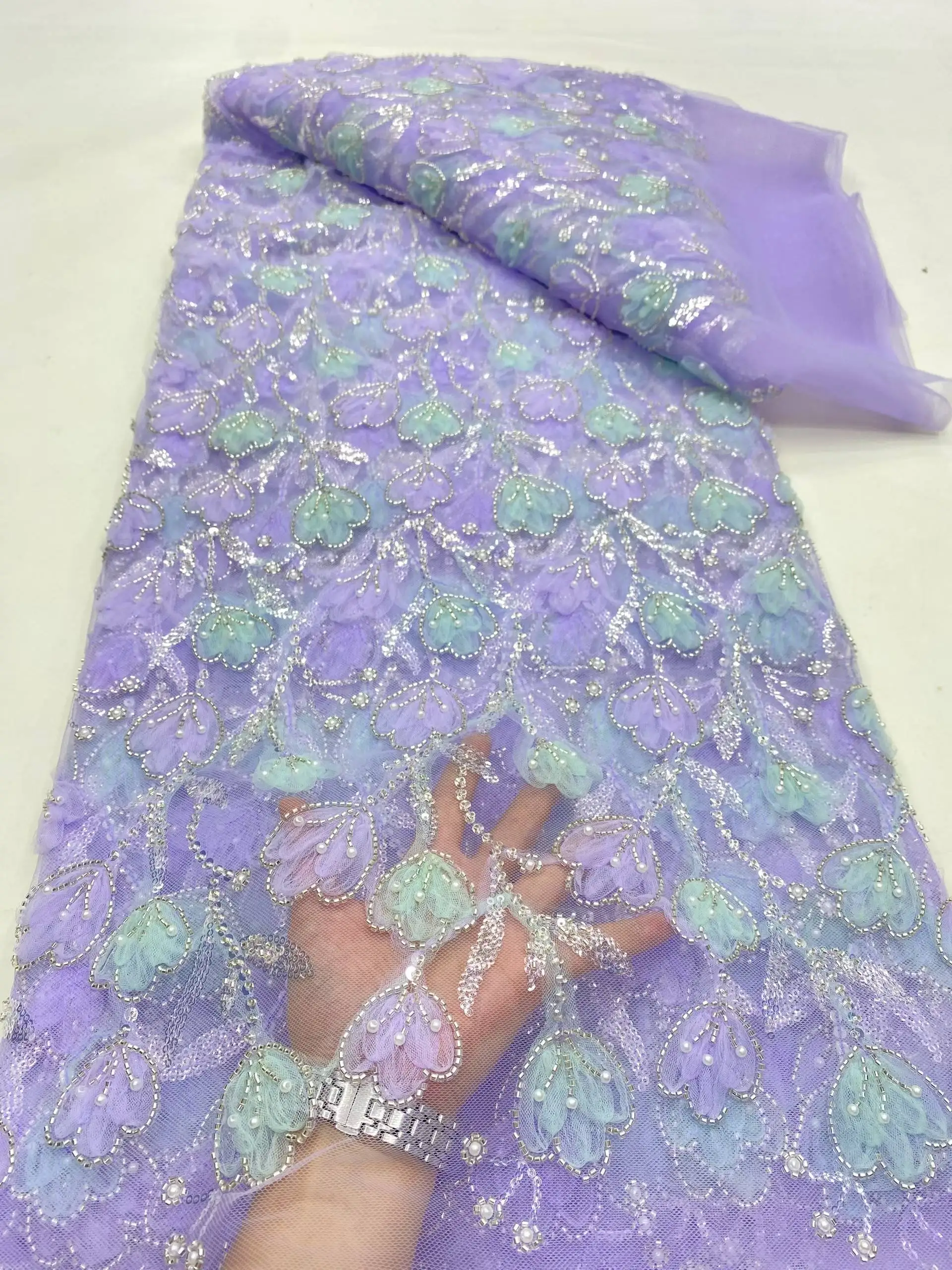 Tela de encaje africano con cuentas azules y flores 3D, tela de encaje francés con cuentas de tubo bordado de lentejuelas de lujo para boda, 2023