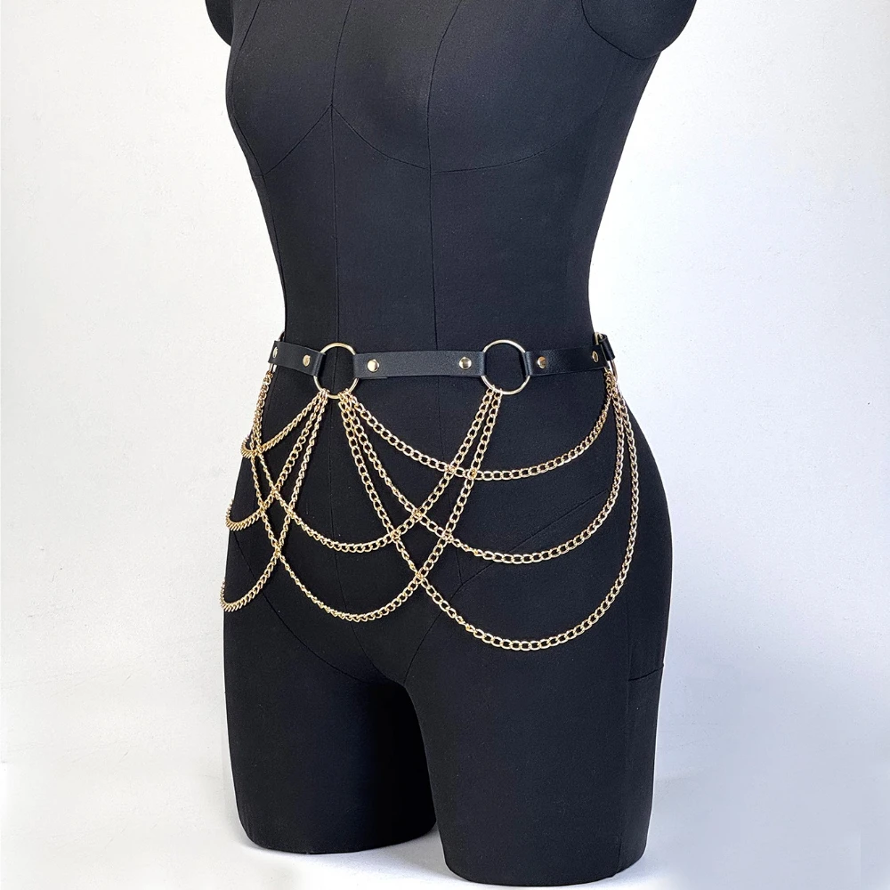 Women Fashion Sexy Belt PU Leather Harness Belts Street Style Multi Layer Chain Daily Wear Gothic Clothing Accessories
