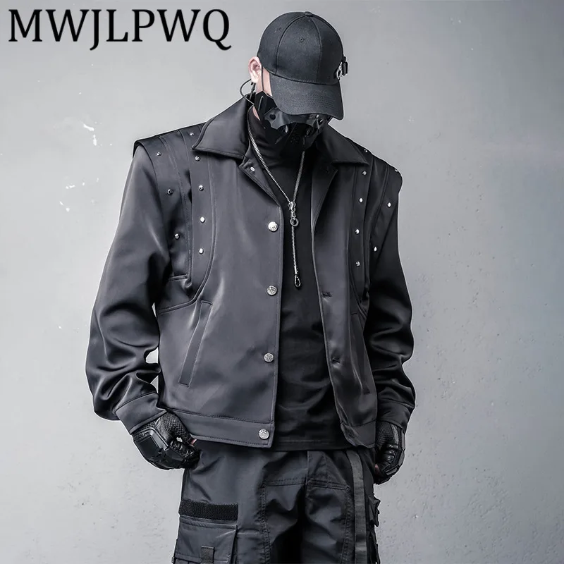 

MWJLPWQ Unique Patchwork Fake Two-Piece Design Motorcycle Jacket Men Deconstructed Dark Style Functional High-End Top Tide 12084