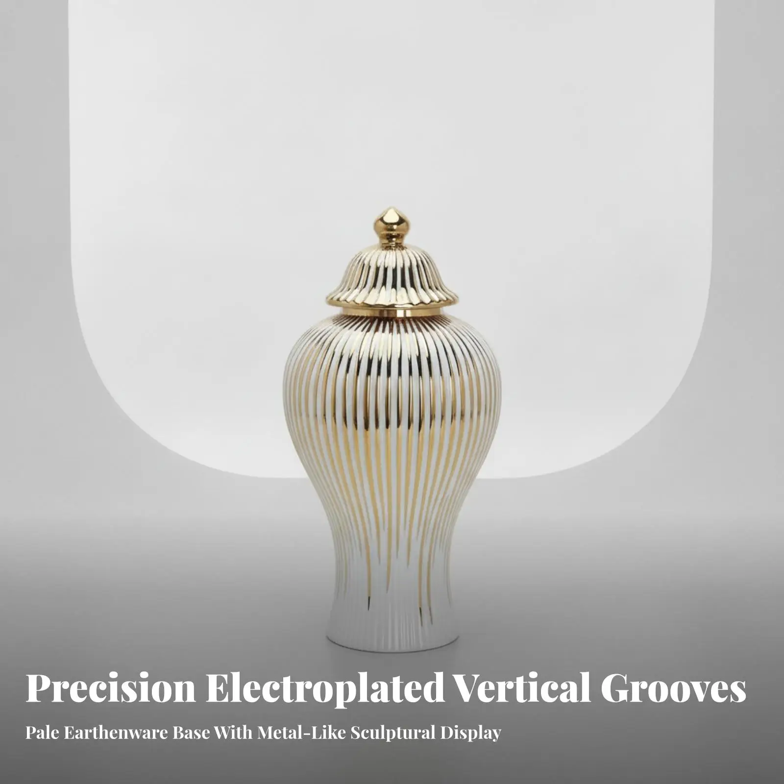 Elegant Ceramic Vase with Lid Fluted Ribbed Body Metal Tone Finish Sophisticated Tabletop Vessel for Faux Florals Living Room