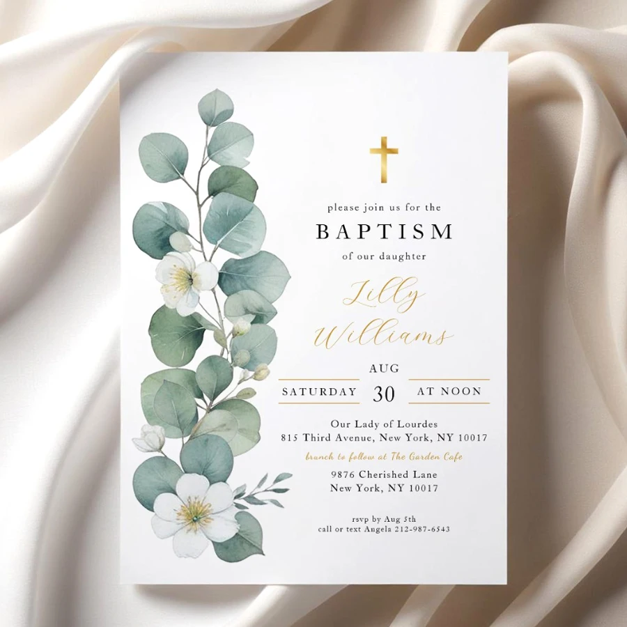 

20pcs Custom Christening Invitations Greenery Floral Pink Baptism Invitation Card Boy Girl Baptism Invitation Card