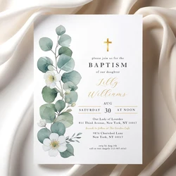 20pcs Custom Christening Invitations Greenery Floral Pink Baptism Invitation Card Boy Girl Baptism Invitation Card