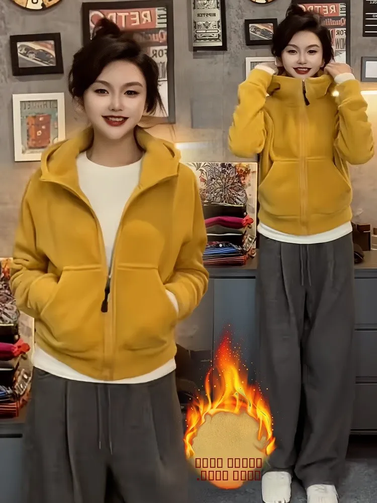 

Thiened Fce Women's Jaet Winter Warm Outerwear Casual Sle Slimming Design Long Sve Zipper Closure Color