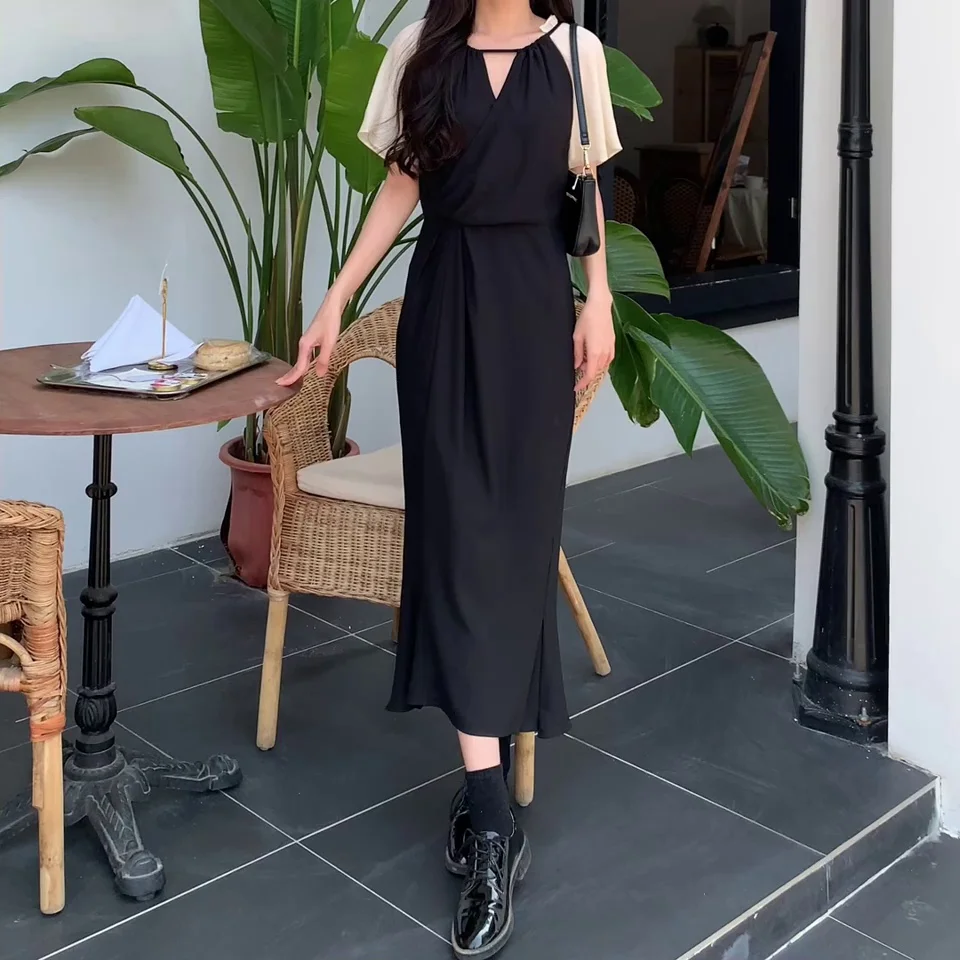 Oversized Dress 2023 New Summer French Style Vintage V-Neck Hollow Out Design Waist Reduction Slim Sexy Splice Fishtail Skirt