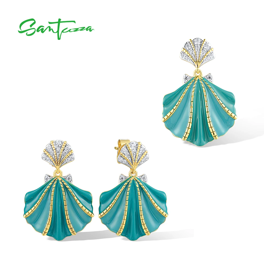 SANTUZZA Jewelry Set For Women Pure 925 Sterling Silver Greenish Enamel Shell Yellow Plated Pendant Earrings Edgy Fine Jewelry