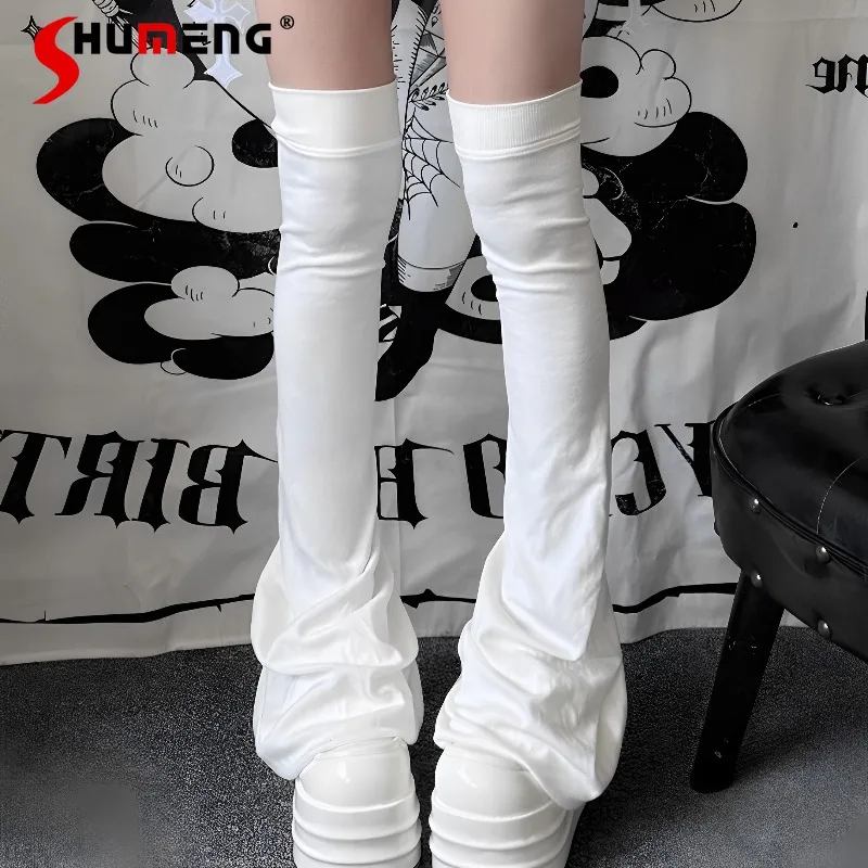 

Thin Over-the-knee Pleated Foot Warmers Dark Black Style Subculture Lace Design Basic Stacked Pleated Over-the-knee Leg Warmers