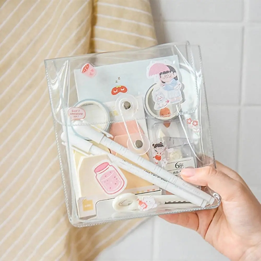 Waterproof PVC Pencil Pouch Large Capacity Square Rectangle Transparent Storage Bag Visible Clear Stationery Stickers Bag