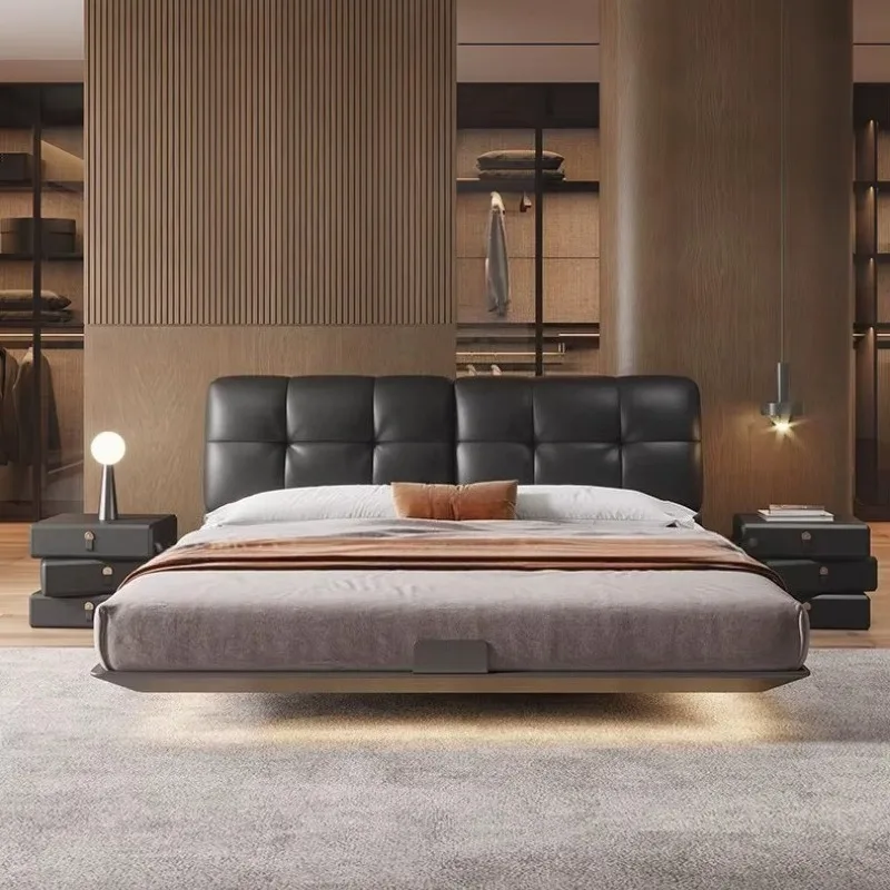Genuine Leather Floating Bed, Solid Wood Frame with LED Ambient Light Soft Upholstered Headboard for Master Bedroom