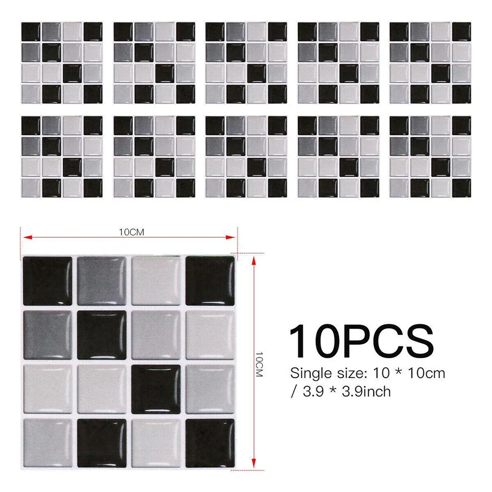 10Pcs Self-Adhesive Mosaic Tile Stickers Stick Bathroom Kitchen Wall Decal Living Room Bedroom Home Decoration 10X10CM