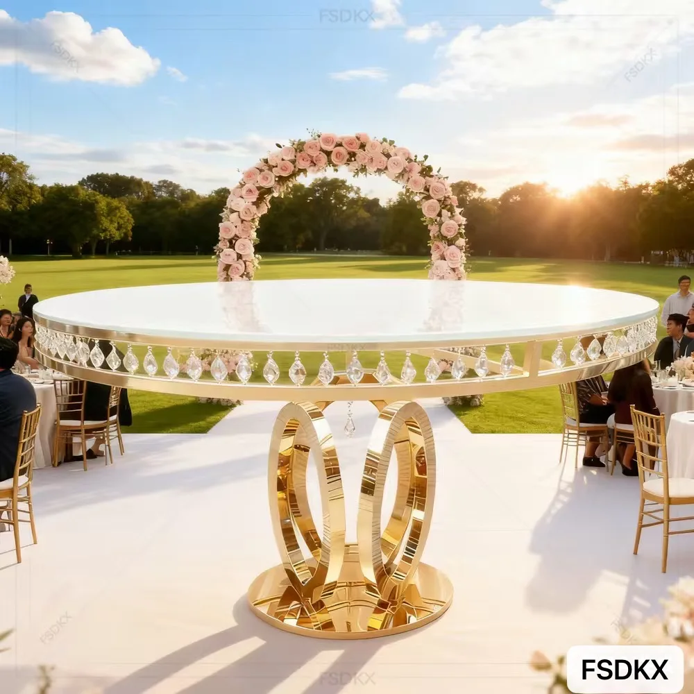 

Wholesale Luxury Wedding Banquet Dining Glass Table Set With Crystal Gold Dining Round Table for Wedding