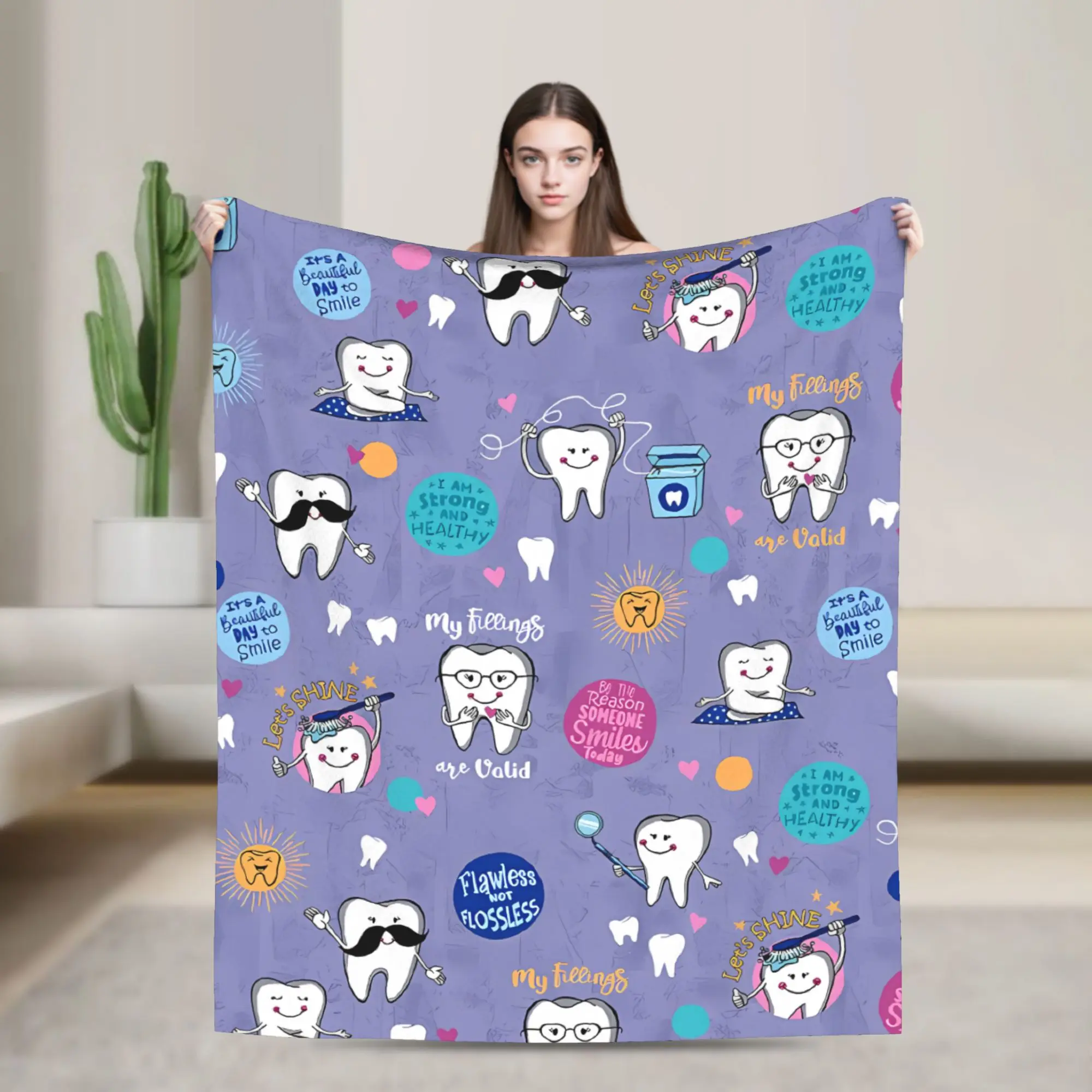 Cute Tooth Gray Rainbow Soft Blanket  Camping Plush Bedding Throws Fluffy Couch Chair Flannel Bedspread Sofa Bed Cover