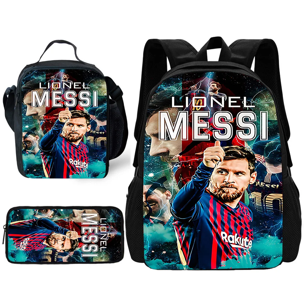 Mochila escolar estrela de futebol para criança, Lunch Bags, Lápis, Mochilas escolares para meninos e meninas, melhor presente, 3 pcs por conjunto