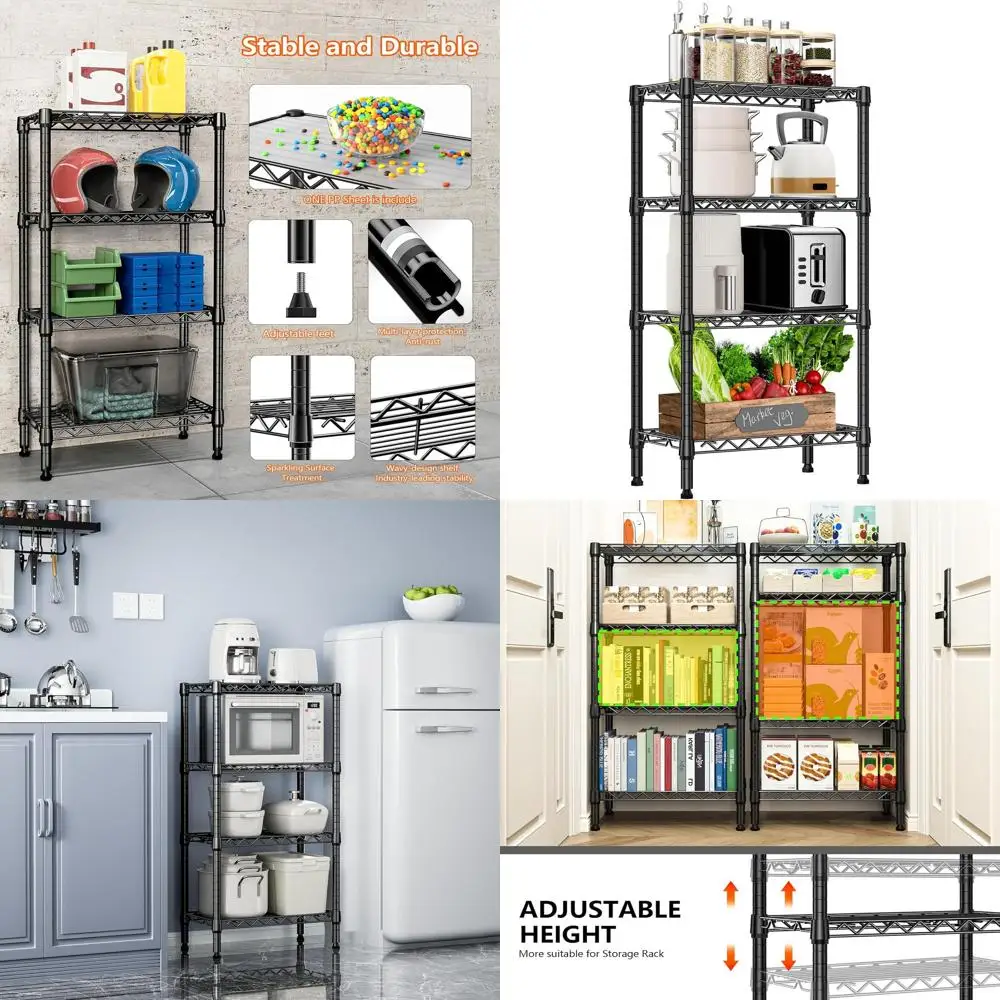 

4-Tier Metal Storage Shelves with Wire Rack for Closet, Garage, Kitchen, and Laundry - Black, 11.8D x 21.7W x 39.5H