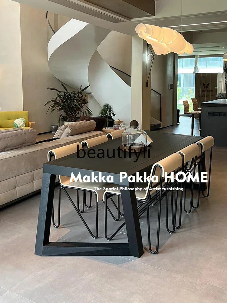 

New arrive Italian minimalist solid wood dining table retro black special-shaped dining table household rectangular table