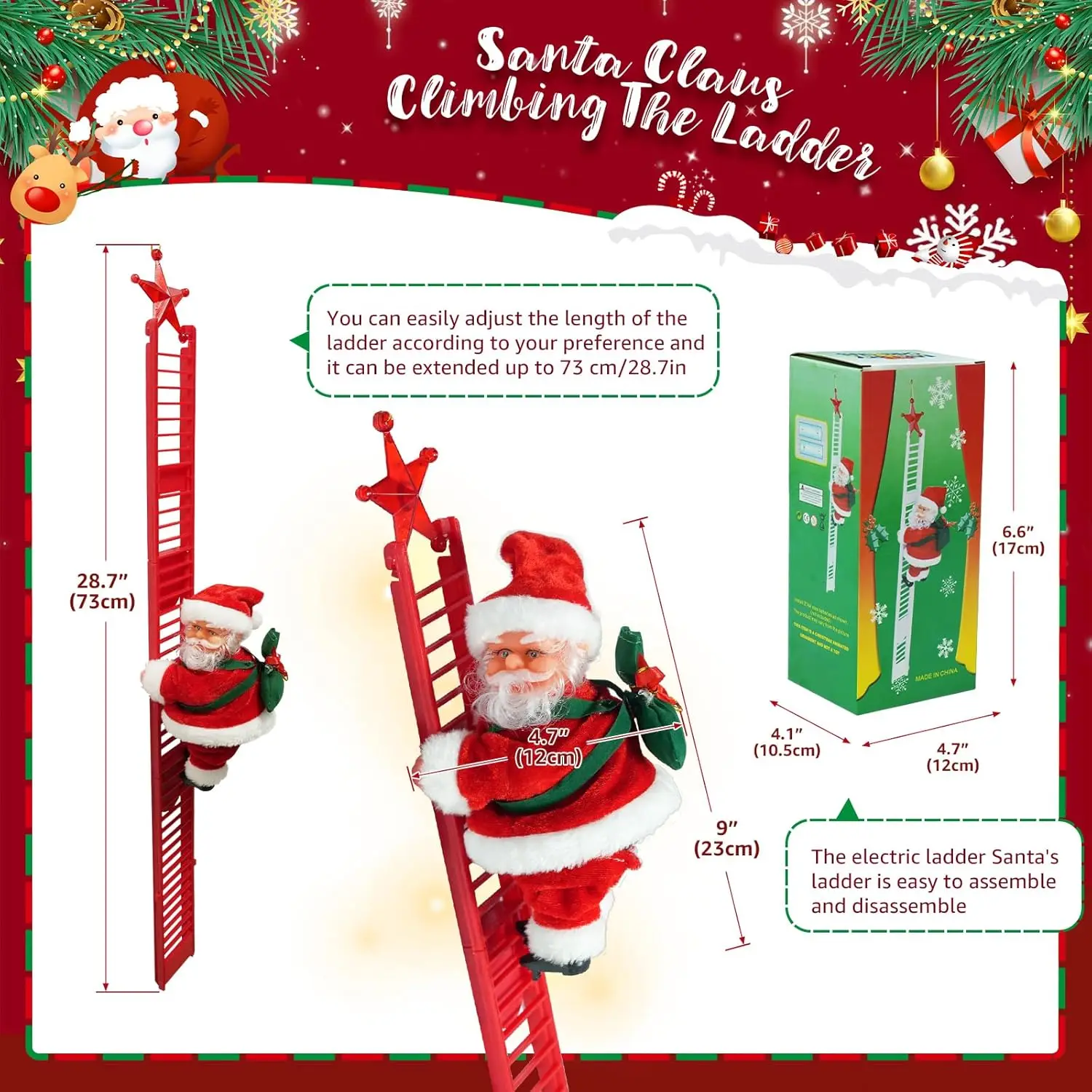 Electric Climbing Santa Decoration Beaded Christmas Figure with Automatic Ladder Motion for Yard Shop Party Displays