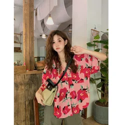 Korean Printing Loose Shirt Tops Ladies Summer New POLO Collar Short Sleeve Button Casual Blouse Elegant Trend Women Clothing