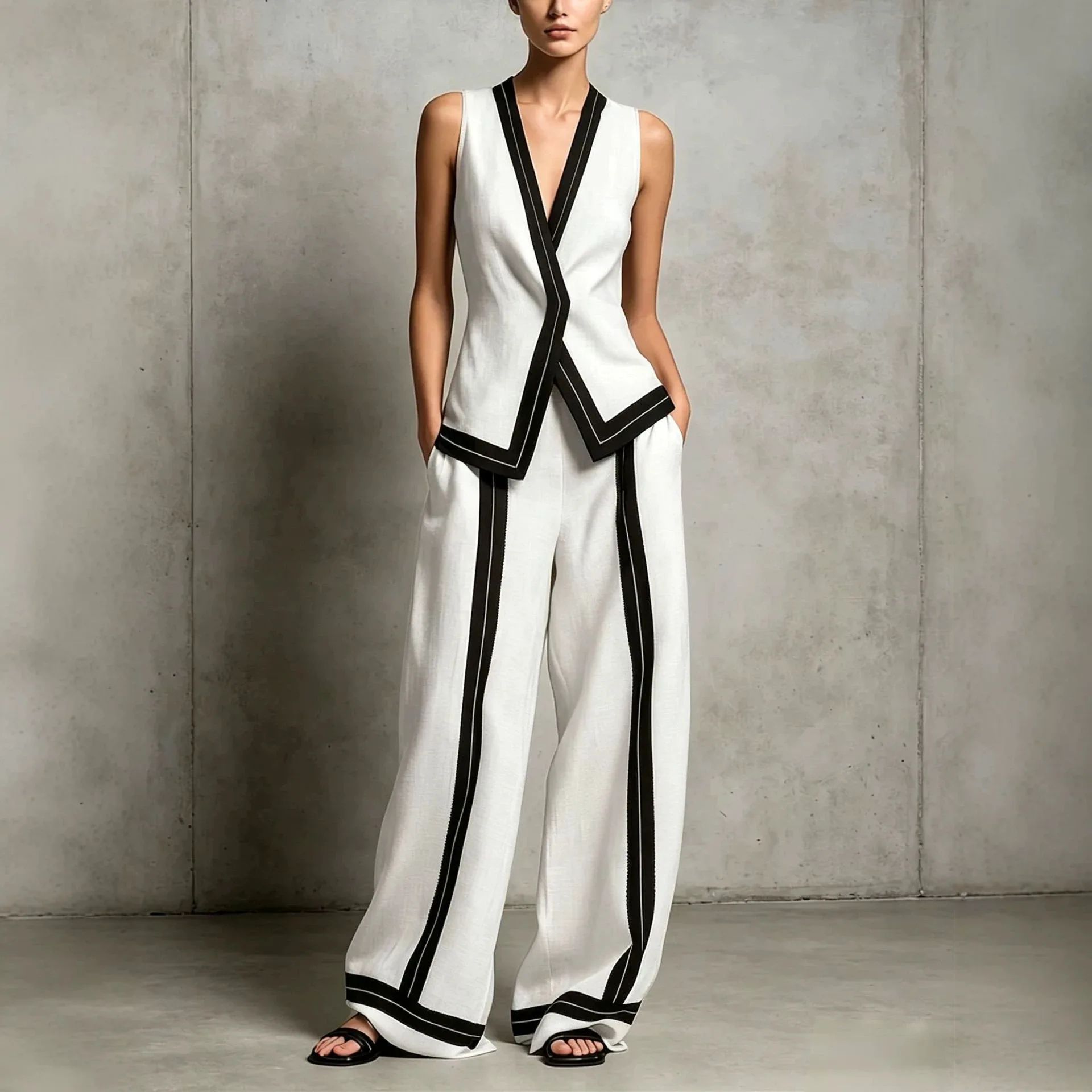 

Office Women Pant Set Two Piece Sets V Neck Sleeveless Vest Tops Wide Leg Long Pants Suit High Waist Y2k Streetwear Elegant 2026
