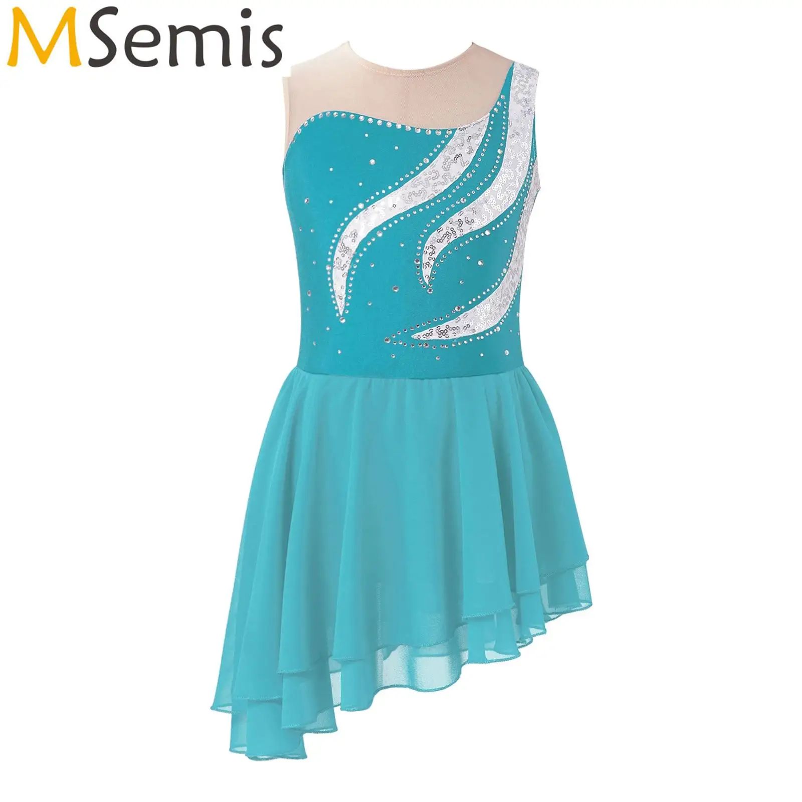 Kids Girls Sequin Rhinestone Artistic Figure Skating Lyrical Dress Rhythm Gymnastics Glitter Asymmetrical Skirt Ballet Jersey