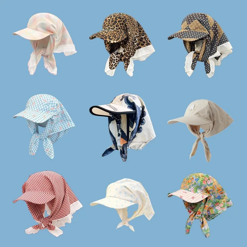 Triangular scarf, duckbill cap, sun protection plaid sun hat, pastoral style headband, headscarf, head wrap ha