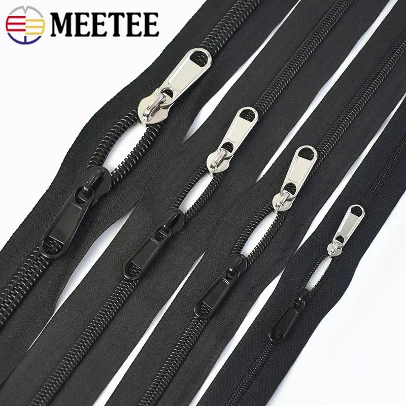 Meetee 3# 5# 8# 10# 10M Black Nylon Roll Zippers + 10Pcs Zipper Pullers Clothes Sewing Zip Slider Head Zips Repair Accessoies