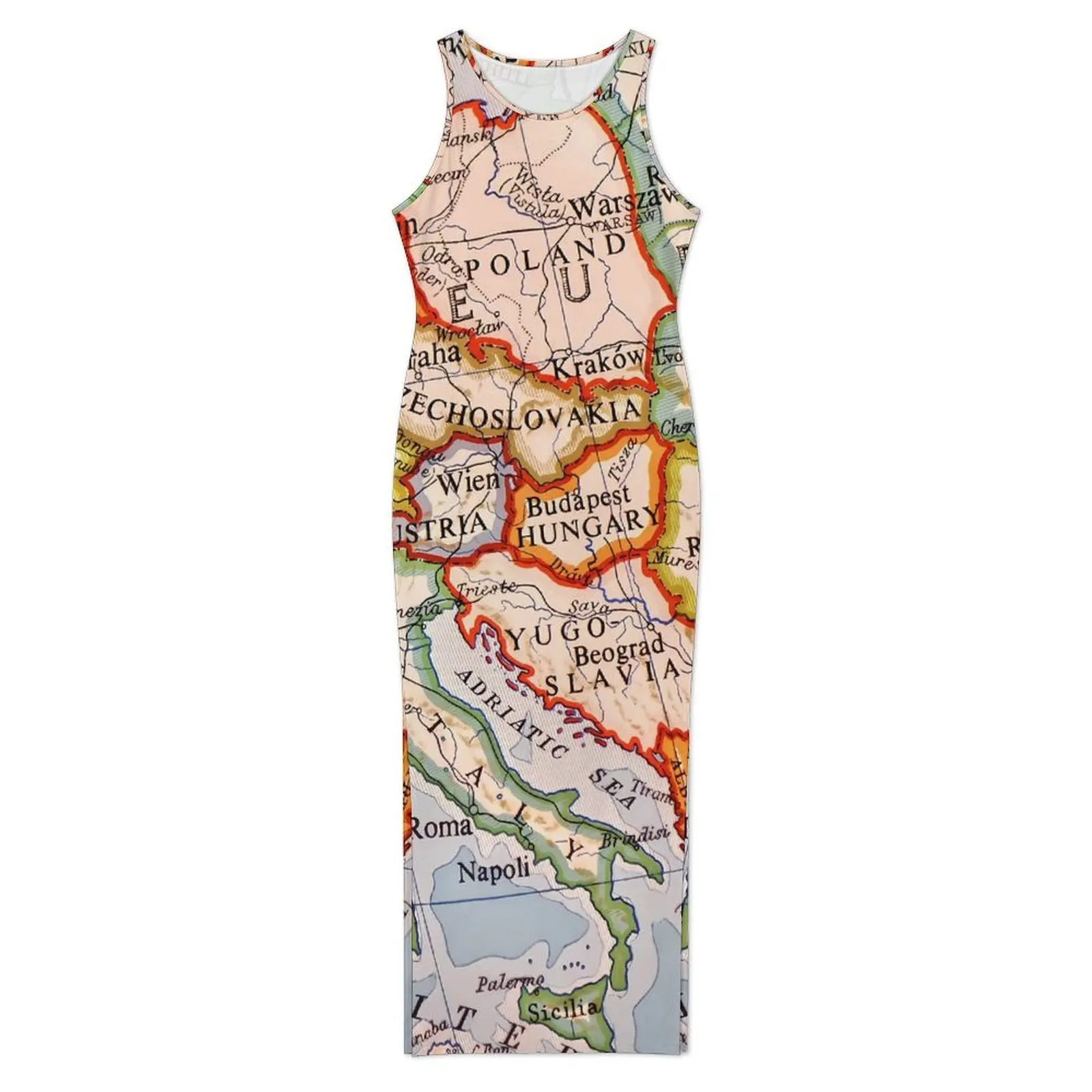 World Map Bodycon Dress Spring Colorful Geographic Vintage Maxi Dresses Ladies Sleeveless Design Aesthetic Dress Big Size