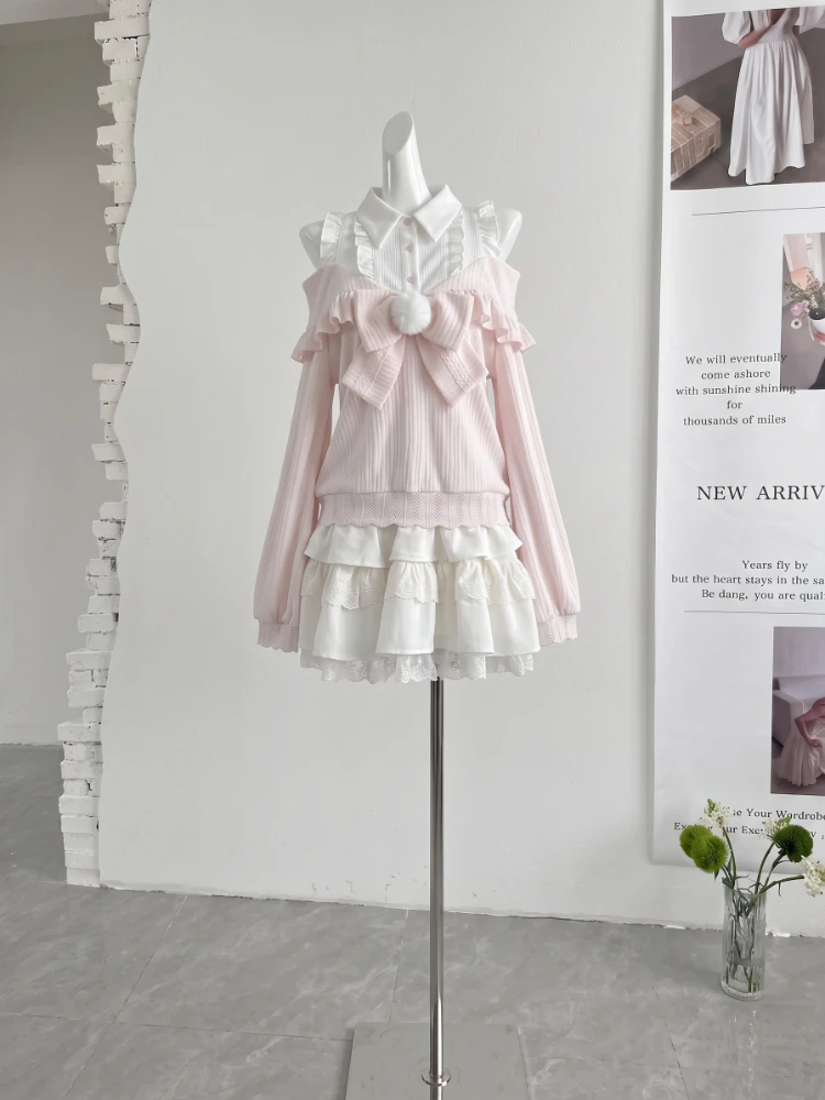 Japanese Lolita Women's 2 Piece Set Off Shoulder Sleeve Bow Blouses + Lace Layered Skirt Sweet Daily Party Autumn Kawaii Outfits