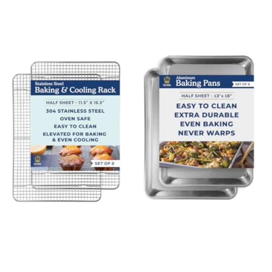 

Stainless Steel Cooling Rack and Aluminum Baking Pan Set - Professional Quality Fits Half Sheet Pans - Cookie Sheet for Baking