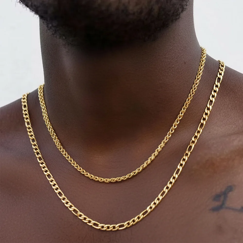 Double Layer Figaro Chain Necklace 316L Stainless Steel 18K Gold Plated Hip Hop Stackable Neck Jewelry for Men Trend Street Wear